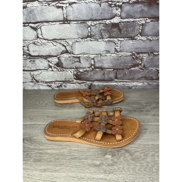 Laidback London Brown Leather Handmade Boho Floral Beaded Sandals Women 7US/38EU - Picture 4 of 16